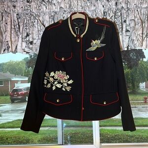 NWT ZARA Trafaluc Outerwear black embroidered military style jacket with trim
